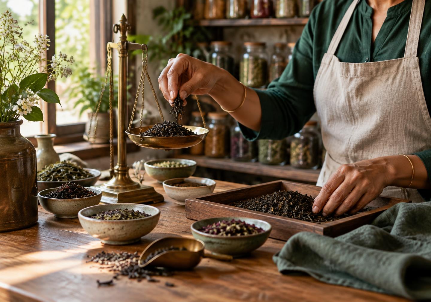 Loose-leaf tea being carefully weighed in a blending room