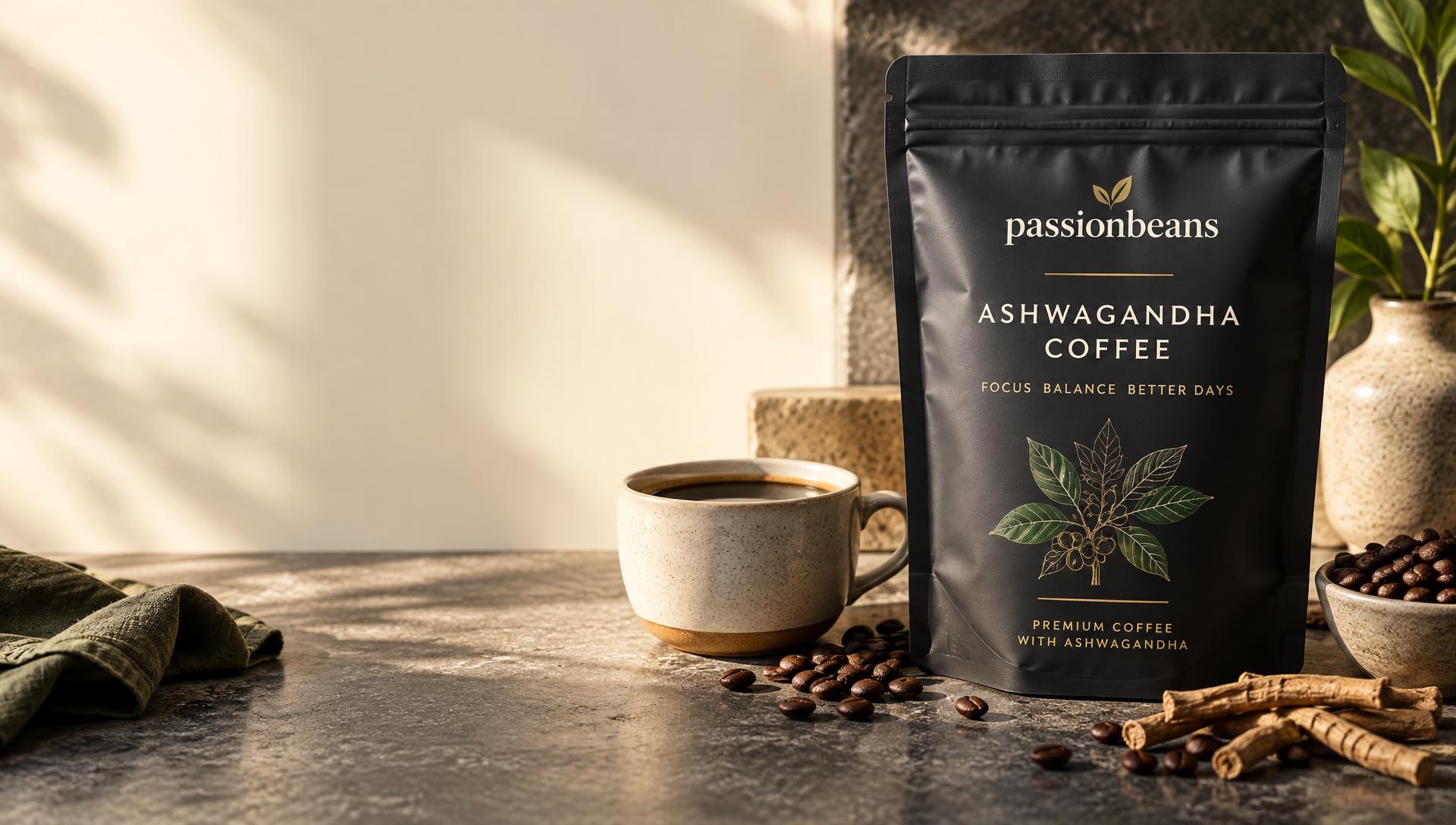Passionbeans Ashwagandha Coffee pouch beside a freshly prepared cup